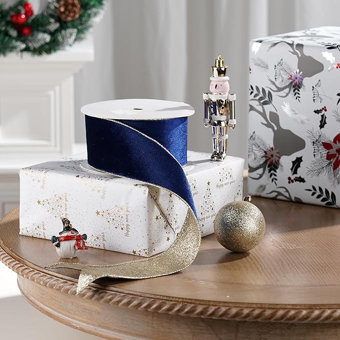 Blue Velvet Wired Ribbon with Glitter Back 2.5 Inch Navy Blue and Gold Christmas Ribbon Wired Ribbon for Christmas Tree, Gift Wrapping, Mantel, Wreaths Supplies, Topper Bows (10 Yards)