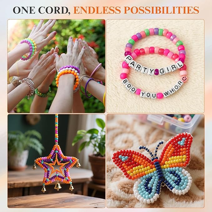 CATIFLIN Elastic String for Bracelets 2 Rolls 1mm 656FT, Stretchy Cord for Beading, Jewelry Making, Pony Beads, Charms, DIY Crafts, Black and White Nylon Thread, Strong Bracelet Supplies