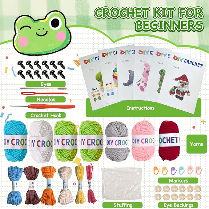 Alutaba 6Pcs Crochet Kit for Beginners, Crochet Animal Kits for Adults with Step by Step Videos Tutorials, Knitting Kit for Crochet Lovers Great Birthday Holiday Gift, DIY Handmade Gifts
