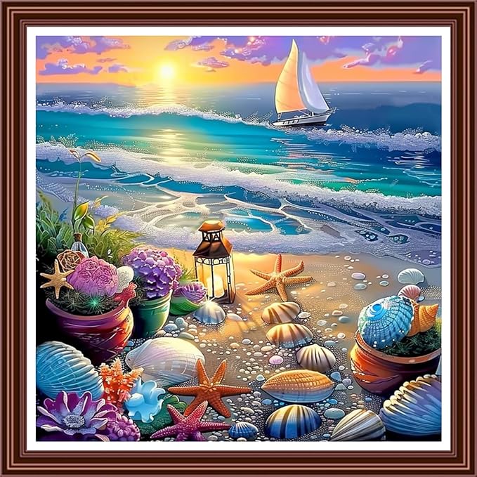 Dimensean Counted Cross Stitch Kit for Beginners, 11CT Unprinted Cross-Stitch Kit Easy Patterns Needlepoint Kit Cross Stitching Embroidery Kit Supplies-Beach Sunrise Scenery 18x18 inch