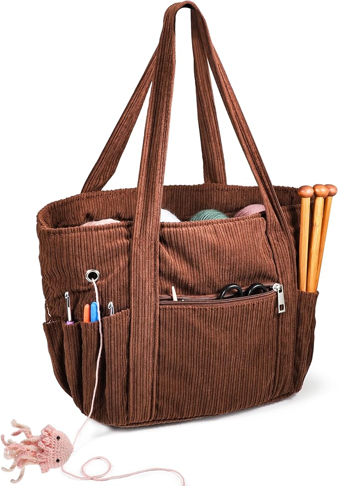 Crochet Bag Organizer Corduroy Yarn Bag Holder for Crocheting Basket Kit Knitting Needles Yarn Balls Gifting to Knitting Fans