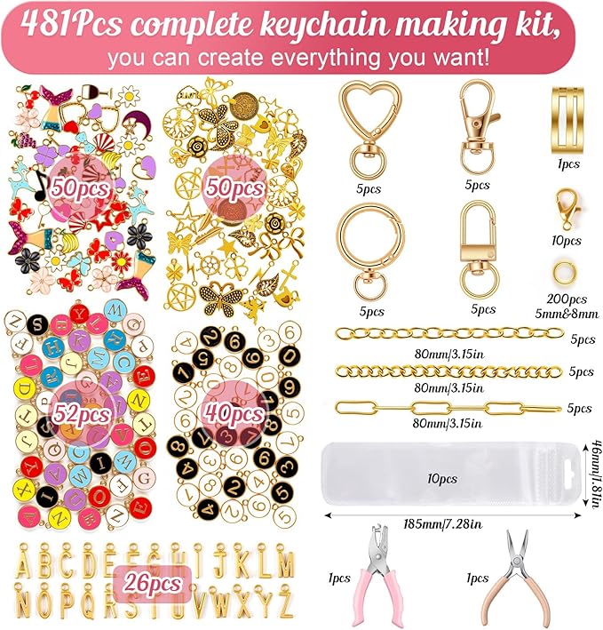 MUNKANT 481 Pcs Charms Lip Gloss Keychain Making Kit,Including 218 Charm Pendants,20 Keychain Clips,15 Extender Chain and 2 Jewelry Pliers,Bag Charm Kit for DIY Crafting,Jewelry Making and Gifts