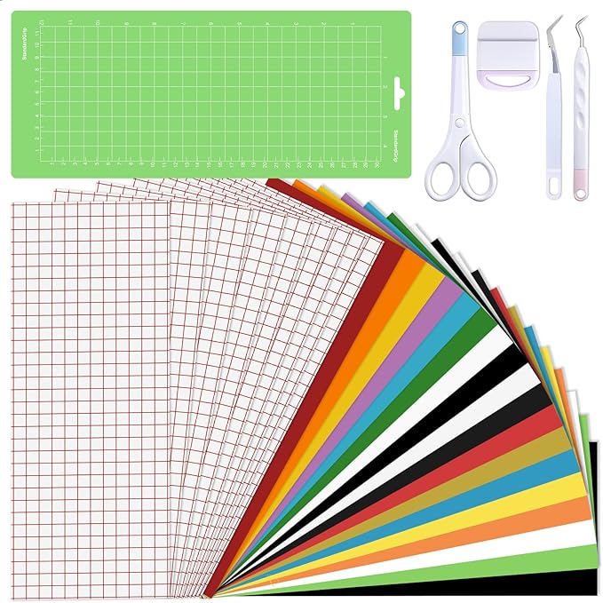 The Accessories Bundle for Cutting Joy Machines, Accessories and Supplies Include Heat Transfer Vinyl, Adhesive Vinyl, Cutting Mat and Weeding Tools for Crafting Starter