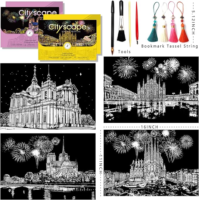 Scratch Art for Adults-Scratch Painting Craft Kit (4 Sheets 16x11 in)|Foil Engraving Art Set|Stress Relief Gift for Travel Lovers,Craft Lovers|Creative Scratch Art Home Decor(City Scape 4)