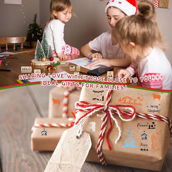 Woanger 15 Pcs Christmas Wooden Rubber Stamps and Craft Ink Pads Nativity Religious Christmas Craft Pads for Scrapbooking DIY Stamps Paper Wood Fabric Advent Holiday