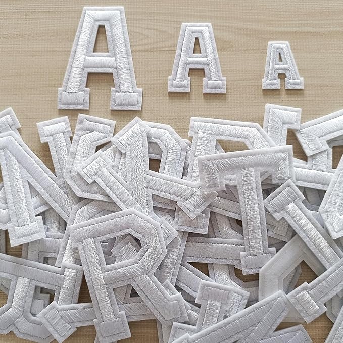 2.9 inch Iron on Letter Patches 52 Pieces, A-Z Embroidered Alphabet Patches for Clothing Jackets Hats Backpacks Jeans White