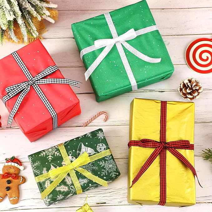 DECYOOL Christmas Ribbons, 4 Rolls 100 Yards Christmas Satin Ribbons 10mm Wide Holiday Craft Ribbons for Gift Wrapping and Xmas Decoration, Gold & Silver & Red Black Plaid & Black White Plaid