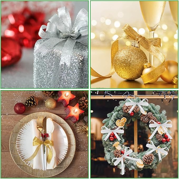 DECYOOL 4 Rolls 100 Yards Christmas Ribbons 10mm Wide Holiday Metallic Glitter Ribbons for Gift Wrapping and DIY Craft, Gold & Silver