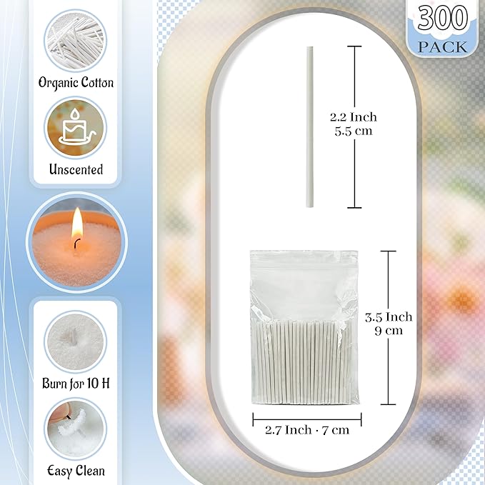 Pearled Candle 2 Inch Cotton Wicks 300-Pack White Extra Wicks for Sand Candles Making, Metal-Free and Lead-Free Refill Sand Wax Wick