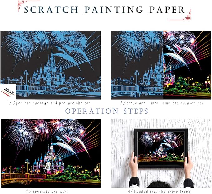 Scratch Rainbow Painting Art Postcards,Scratch & Sketch Art for Kids & Adults,Scratch Painting Creative Gift Engraving Art & Craft Set,Mini Envelope Postcard with 4 Tools,7.9''x5.5''（8 Pack）