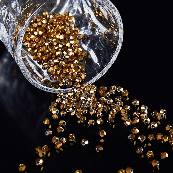 1100PCS 4mm Bicone Crystal Glass Beads for Jewelry Making, Sparkling Mini Beads for Suncatchers, DIY Bracelets & Craft Projects (Coffee Gold)
