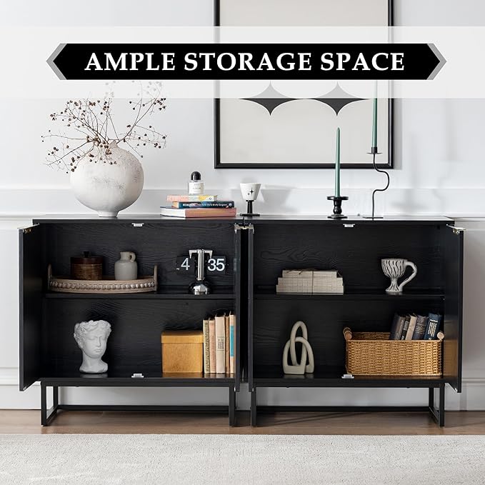 Fluted Storage Cabinet Set of 2, Sideboard Buffet Cabinet with Adjustable Shelves, Multifunctional Console Table with Storage Credenza for Living Room, Dining Room, Black