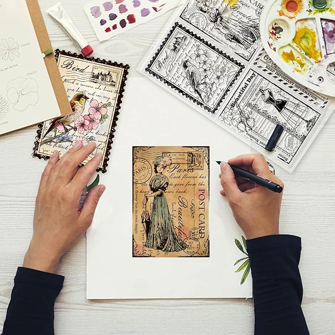 GLOBLELAND Vintage Ticket Postcard Clear Stamps for Card Making Butterfly Dress Lady Transparent Silicone Stamps for DIY Scrapbooking Supplies Embossing Paper Card Album