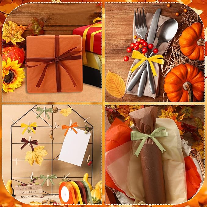 DECYOOL 4 Rolls 100 Yards Fall Ribbons, 10 mm Wide Autumn Thanksgiving Satin Ribbon for Wreath Bows Party Home Decoration Craft Wrapping (Orange, Yellow, Brown, Green)