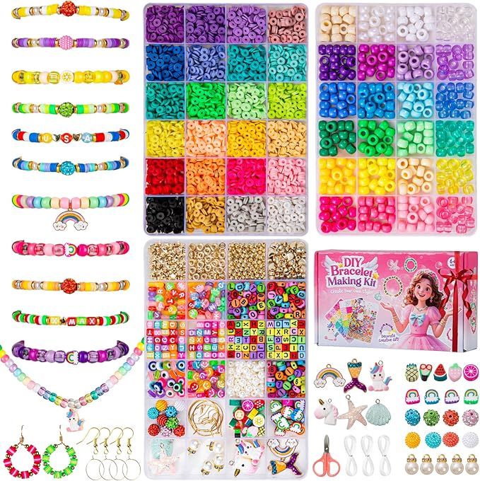 Taybonds Friendship Bracelet Making Kit for Beginners, 3 Boxes Jewelry Making Kit with Polymer Clay Charms, Clay, Pony, Letter Beads, Pearls, Unicorn Mermaid Rainbow Pendants, Gift Party
