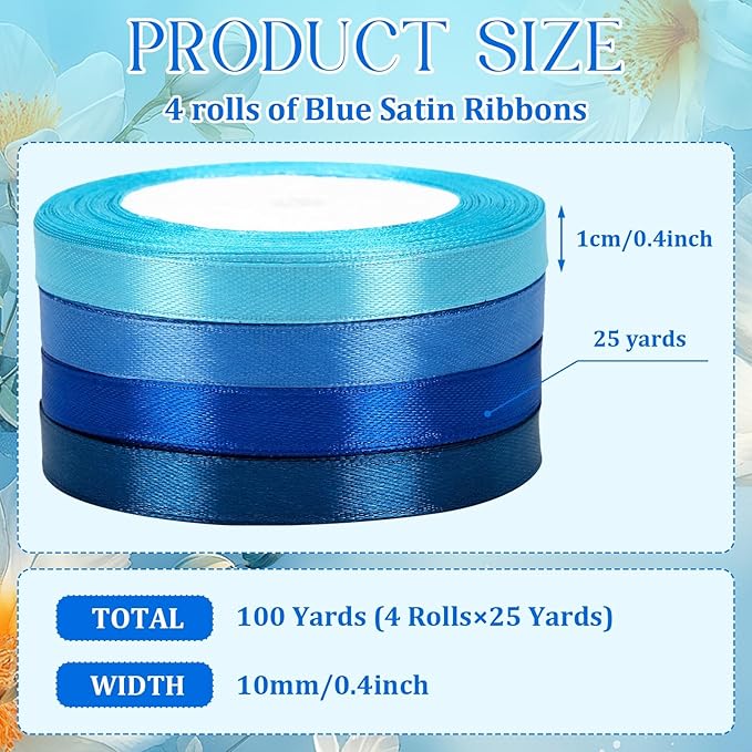 DECYOOL 4 Rolls 100 Yards Blue Satin Ribbons for Gift Wrapping, 10mm Wide Assorted Shades of Blue Thin Ribbon for DIY Crafts Wedding Decor, Baby Shower