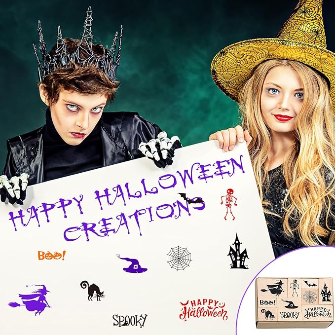 Woanger 15 Pcs Halloween Wooden Rubber Stamps and Craft Ink Pads Craft Card Pads Wooden Rubber Stamp for Scrapbooking DIY Kids Stamps Paper Wood Fabric Halloween Holiday