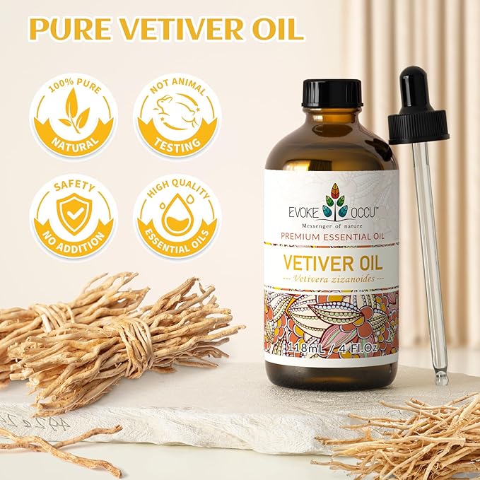 EVOKE OCCU Pure & Natural Vetiver Essential Oil for Skin, DIY, Candle and Soap Making - 4 Fl Oz
