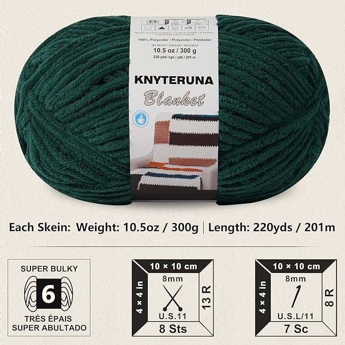 #6 Super Bulky Blanket Yarn for Crocheting - 4 Skeins(Each 10.5oz/300g, 220yds/201m), Chunky Chenille Thick Plush Big Soft Yarn for Crocheting Knitting Blankets, Forest Green