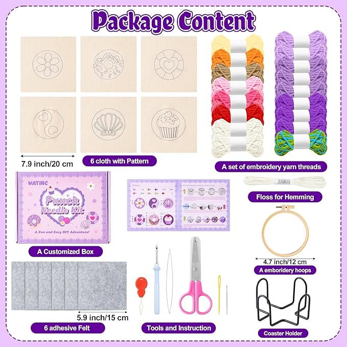 WATINC Christmas Punch Needle Coaster Kits - 23Pcs Easy Art Work Decor Craft Supply for Beginners, DIY Set of 6 Pattern Tufted Pads with Adhesive Felt Yarns Tools Instruction Customized Boxes (Purple)