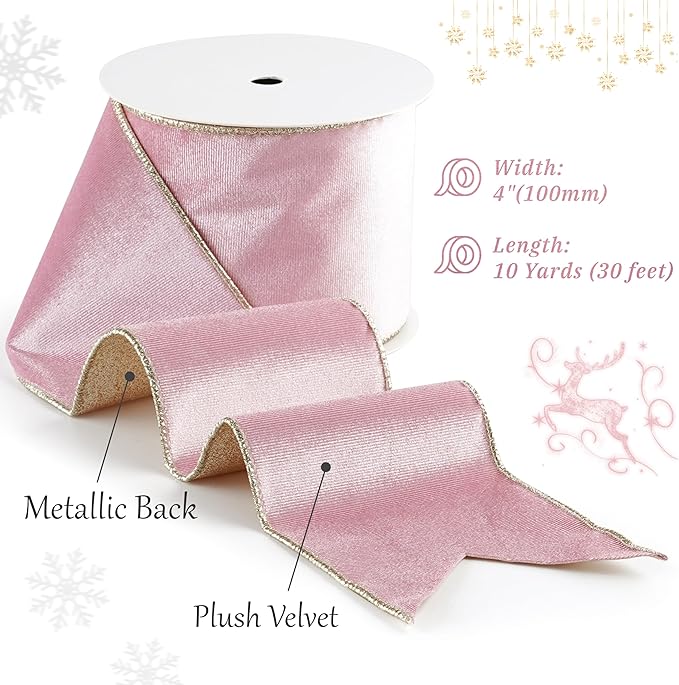 Pink Velvet Wired Ribbon With Glitter Back 4 Inch Gold Christmas Ribbon for Tree, Gift Wrapping, Mantel, Wreaths Supplies, Topper Bows (10 Yards)