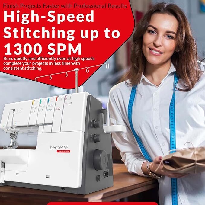 Bernette B68 Airlock Serger Sewing Machine | Adjustable Stitch Length, 1300SPM, LED Light, 5 Thread Options, Presser Foot Adjustment | Scissors, Rotary Cutter, Threads Bundle, Cutting Mat