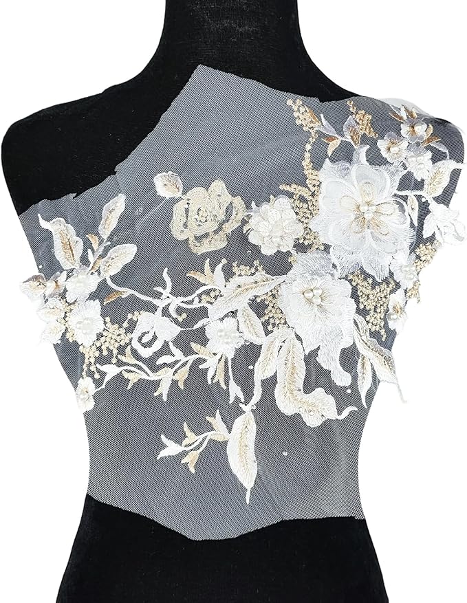 1 PC 3D White Lace Flowers Fabric Embroidered Applique Beads Trim Patches for Wedding Bridal Dress Decoration DIY Sewing Clothing Decoration, 13 x 10 Inch