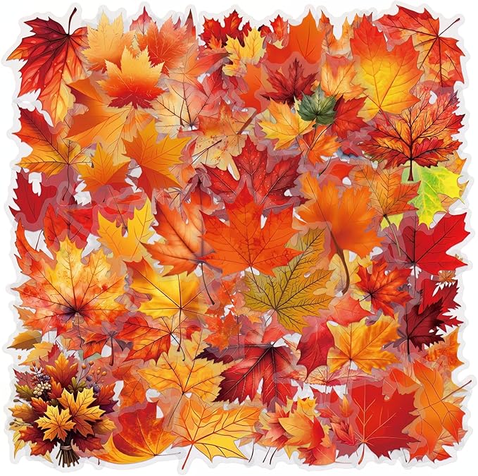 60 Pcs Fall Maple Leaf Stickers, Transparent Autumn Thanksgiving Stickers, Waterproof PET Vinyl Decals for Journaling, Scrapbooking, Laptop, Water Bottle, Gift Tags, Seasonal Decor