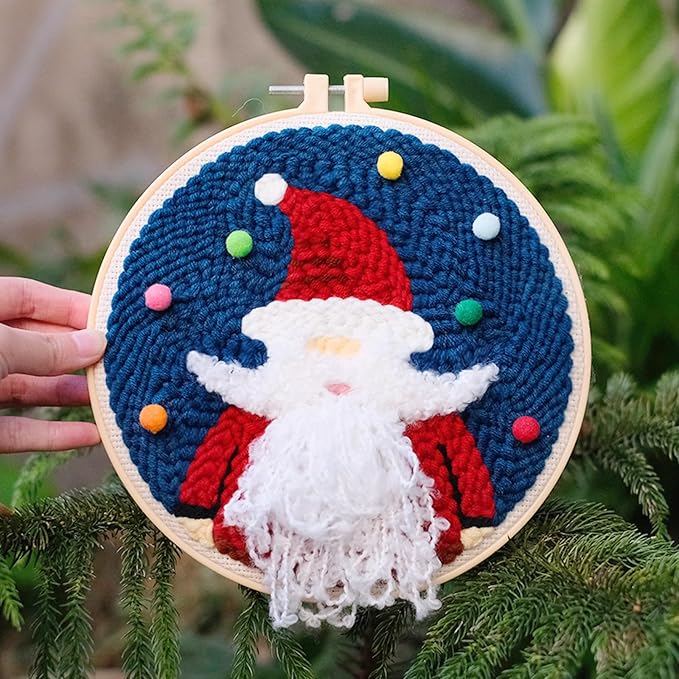 Hand U Journey Punch Needle Starter Kit | Rug Hooking Beginner's Set with Santa Claus and Christmas Tree Designs | Adjustable Punch Pen and Two 8.6'' Hoops | Ideal Craft Gift for Kids and Adults