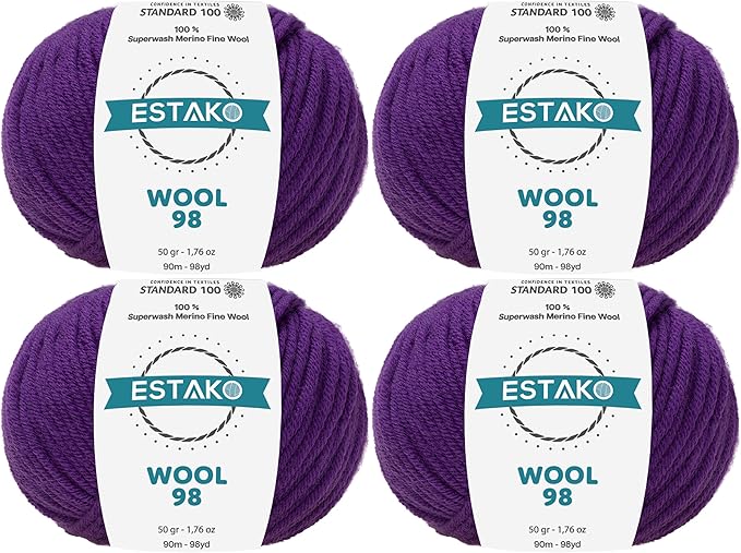Estako Wool 98 (4-Skeins Pack) 100% Superwash Merino Wool Medium Worsted Weight Soft Knitting and Crochet Yarn (4 x 1.76 oz) (4 x 98 yds) (6385 - Purple)