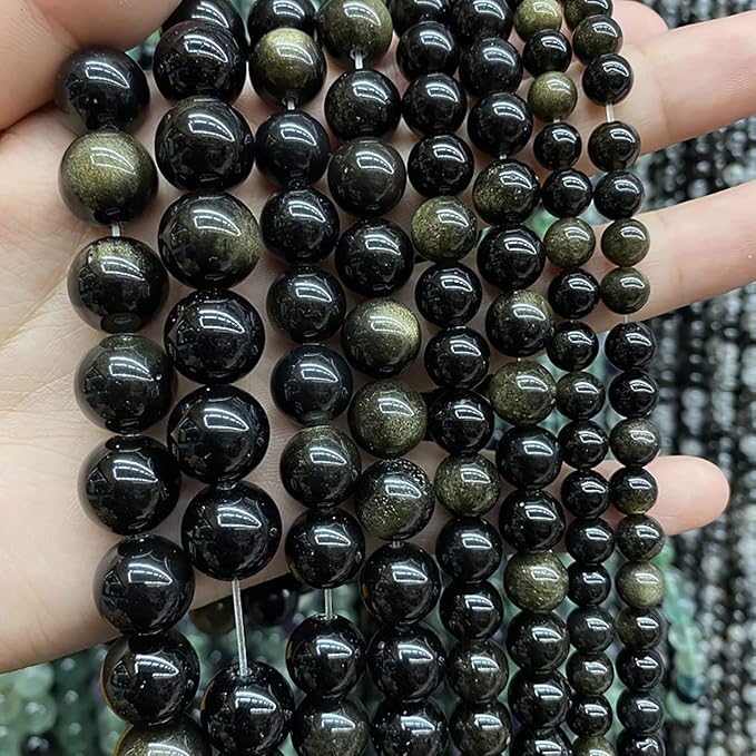 AAA Natural Gold Obsidian Gemstone Beads Energy Healing Power Stones Round Loose Beads for Jewelry Making, DIY Bracelet Necklace 10mm 38pcs