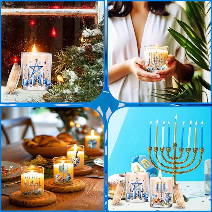 10 Pcs Hanukkah Glass Candle Jars Empty Containers Bulk 7 oz Chanukah Menorah Star David Dreidel Glass Jars with Cork Lids Tins for Candle Making Storing Biscuits Party Favors