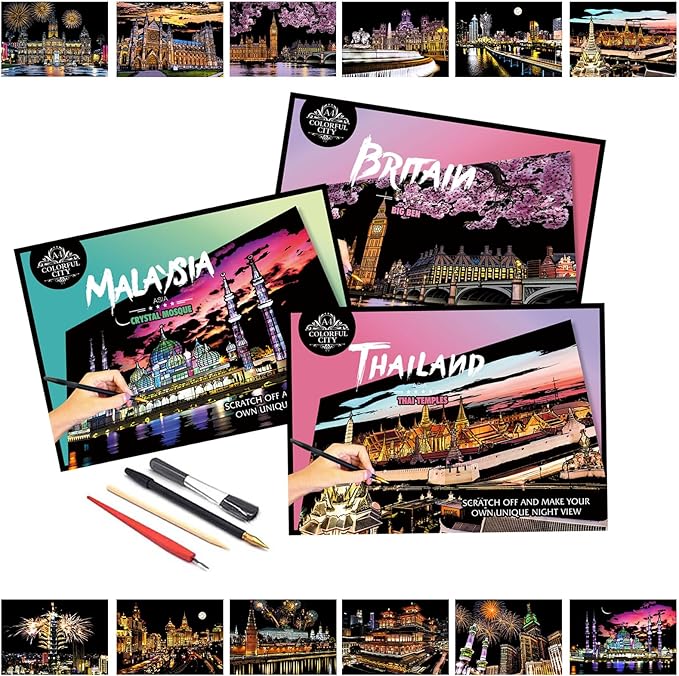 Scratch Art for Adults(12 Sheets A4),Family Creative DIY Painting Papers for Travel Lovers,Craft Lovers|Creative Scratch Art Adult (Britain/Thailand/Malaysia) by Iskueal