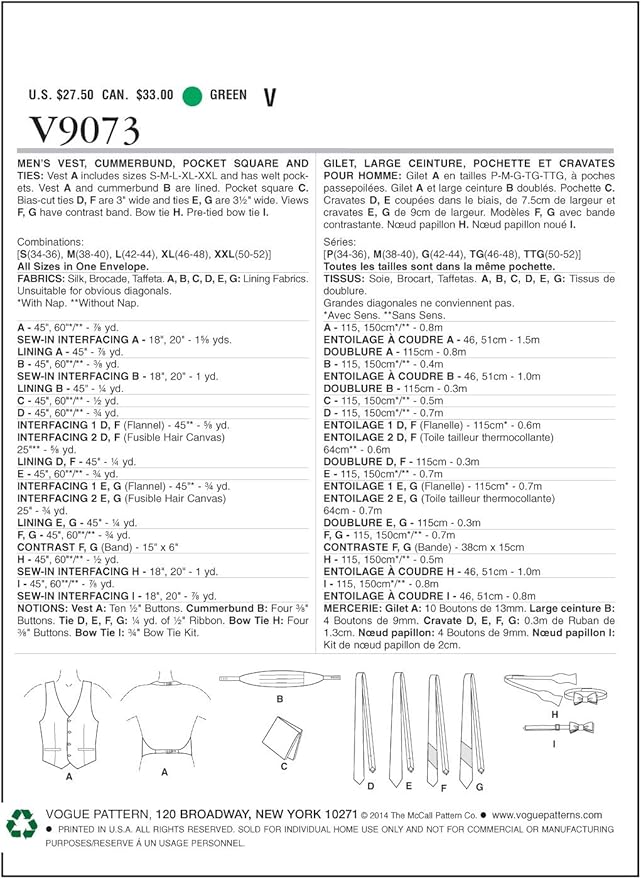 Vogue Patterns V9073 Men's Vest, Cummerbund, Pocket Square and Ties Sewing Template, One Size