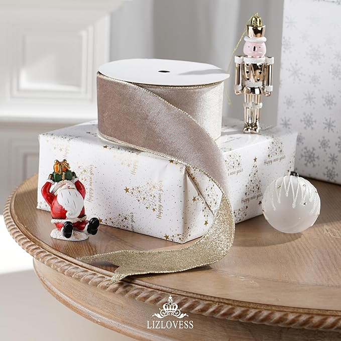 Taupe Velvet Wired Ribbon with Glitter Back 2.5 Inch Camel and Gold Christmas Ribbon Wired Taupe Ribbon for Christmas Tree, Gift Wrapping, Mantel, Wreaths Supplies, Topper Bows (10 Yards)