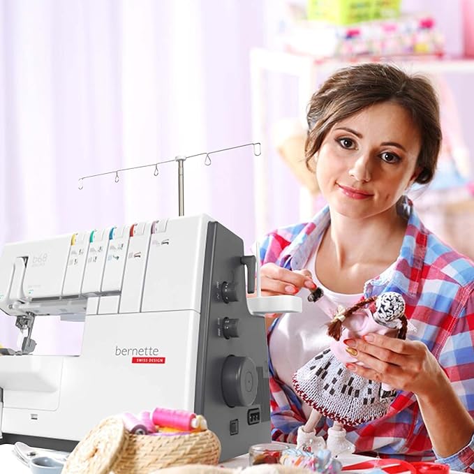 Bernette B68 Airlock Serger Sewing Machine | Adjustable Stitch Length, 1300SPM, LED Light, 5 Thread Options, Presser Foot Adjustment | Scissors, Rotary Cutter, Threads Bundle, Cutting Mat