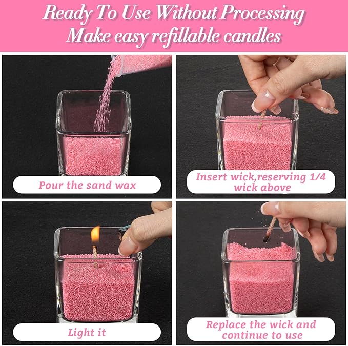 Pink Candle Sand Wax with Wicks and Wick Tabs- 450g DIY Pearled Candle Wax, Refillable Pearled Sand Candles with Wicks, for Valentine's Day, Wedding, Dating
