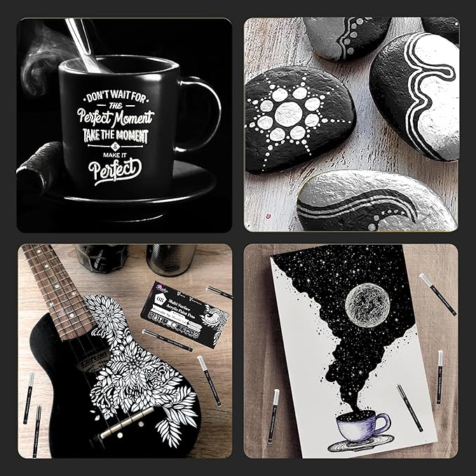 Acrylic Paint Pens,8 Pack 4 Black and 4 White Paint Markers, Paint Pens for Rock Painting Stone, Ceramic, Wood, Plastic, Glass, Metal, Canvas,Drawing, Water-Based Acrylic Paint Sets