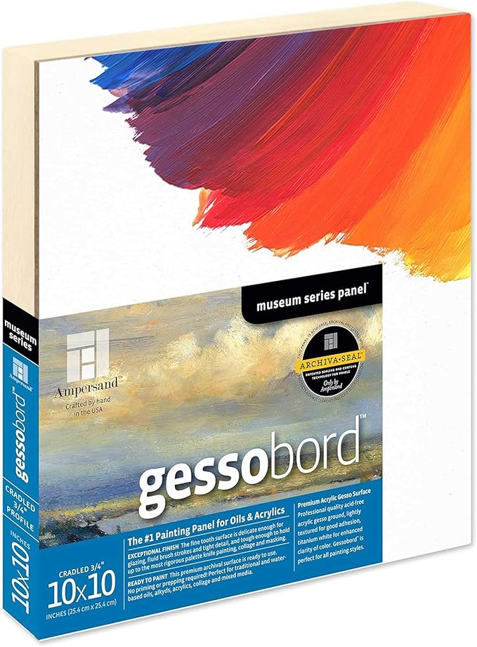 Ampersand Art Supply Gesso Wood Painting Panel: Museum Series Gessobord, 10" x 10", 3/4" Cradled Profile