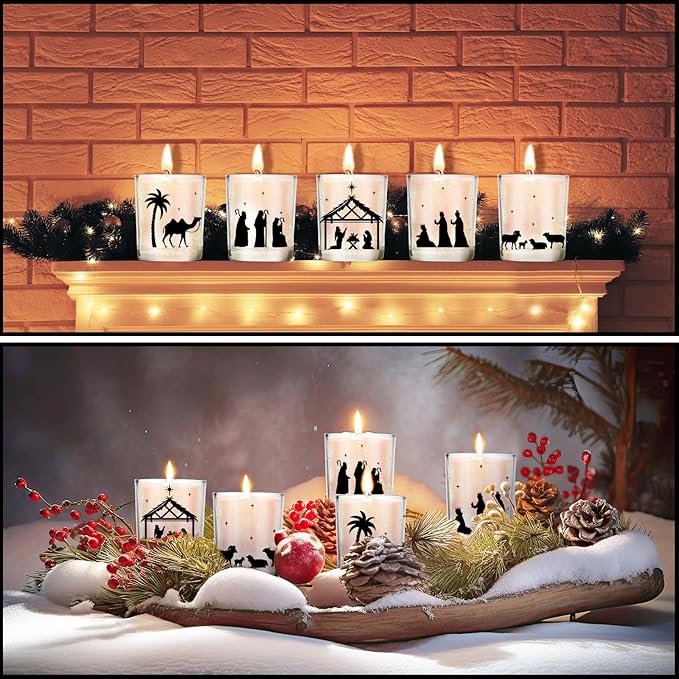 10 Pcs Christmas Glass Candle Jars Empty Containers Bulk 7 oz Glass Jars with Cork Lids Tins for Candle Making Storing Biscuits Tea Party Favors(Nativity)