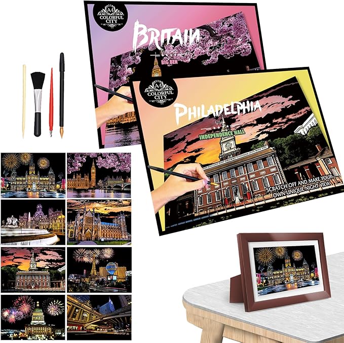 Scratch Art Kit for Adults -A4, Colorful City Scratch Painting Series - Portable Stress Relief Craft, Travel-Friendly Creative Gift for Artists with Tools(Set 3)