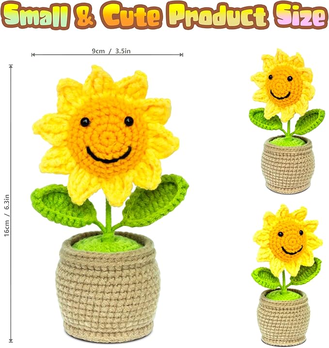 positive crochet sunflowers, crochet flowers, sunflower crochet, suitable for room office desktop decoration, emotional support sunflower, gifts for adults and kids, cute and funny crochet sunflowers