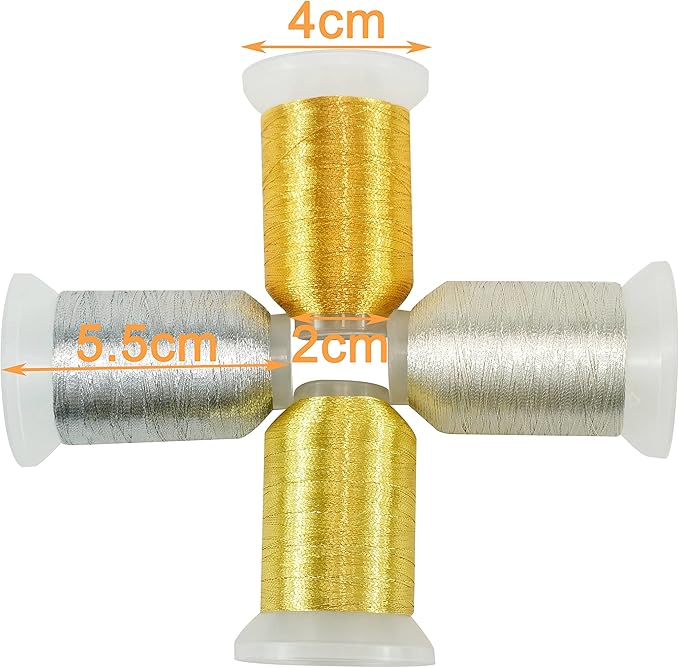 New brothread 4pcs (2 Gold+2 Silver Colors) Metallic Embroidery Machine Thread Kit 500M (550Y) Each Spool for Computerized Embroidery and Decorative Sewing