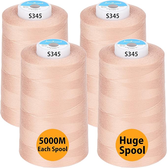 Simthread All Purpose Sewing Thread from 100% Spun Polyester for Serger, Overlock, Merrow, Quilting Sewing 4 Big Cones of 5000M (5500 Yards) Each - 40S/2 Antique