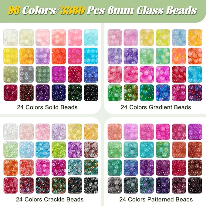 Funtopia 3524pcs Glass Beads Bracelet Making Kit, 4 Types 96 Colors 6mm Glass Beads for Bracelets, Round Crystal Beads for Jewelry Making Necklace Earrings DIY Crafts