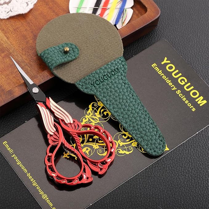 Little Sewing Scissors with Cover Sharp Detail Scissor for Craft Embroidery Needlework Threading Snips, Small Cross Stitch Shears Golden Red