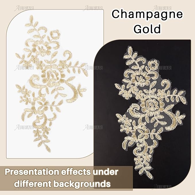 AUEAR, 2 Pack Champagne Gold Flower Lace Applique Patches Sew on Appliques for Wedding Home Decoration