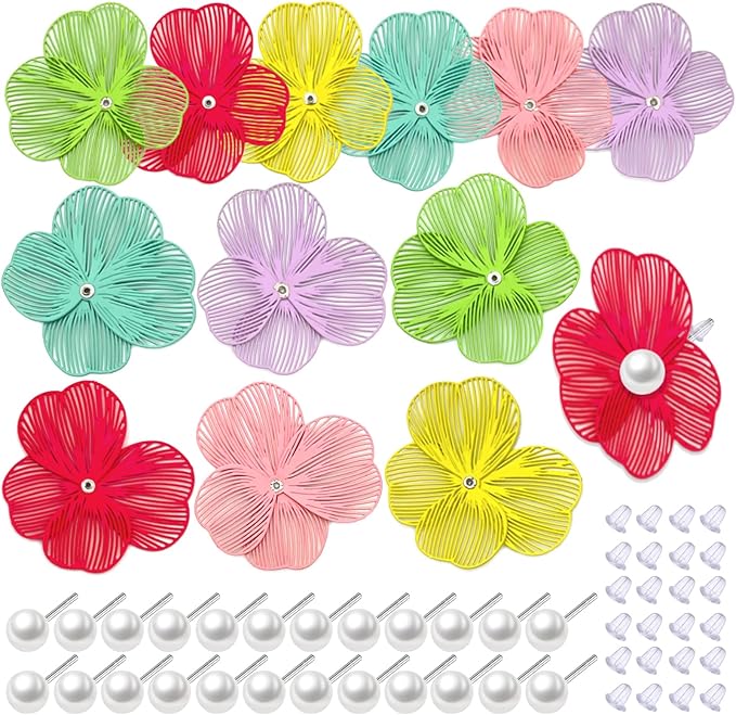 COLIGREE 12 Pairs Matte Colorful Flower Pearl Stud Earrings Hollow Rubbery Textured Filigree Flower Earring Making Kit for Women Fashion