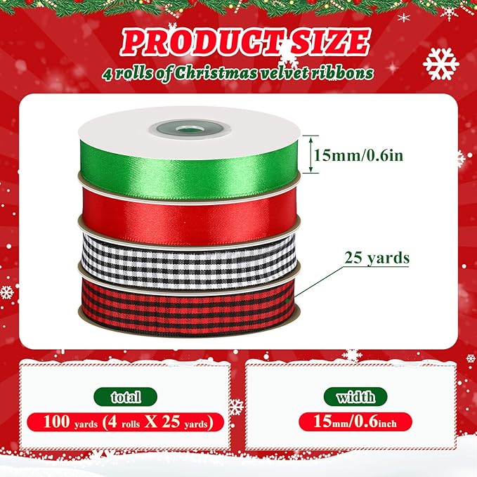 DECYOOL Christmas Ribbons, 4 Rolls 100 Yards Christmas Satin Ribbons 15mm Wide Holiday Craft Ribbons for Gift Wrapping and Xmas Decoration, Red & Green & Red Black Plaid & Black White Plaid