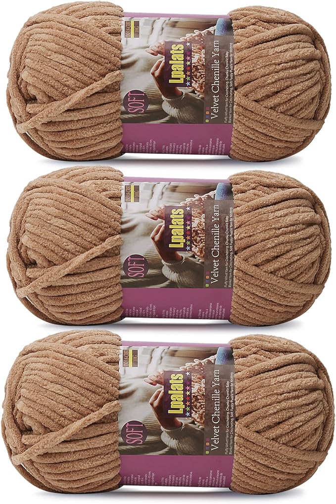 Chunky Chenille Yarn for Crocheting - 3x100g/3.5oz Baby Blanket Yarn for Crocheting Soft - 262 Yards Fluffy Thick Plush Yarns for Knitting Blankets Amigurumi (3, Curry)